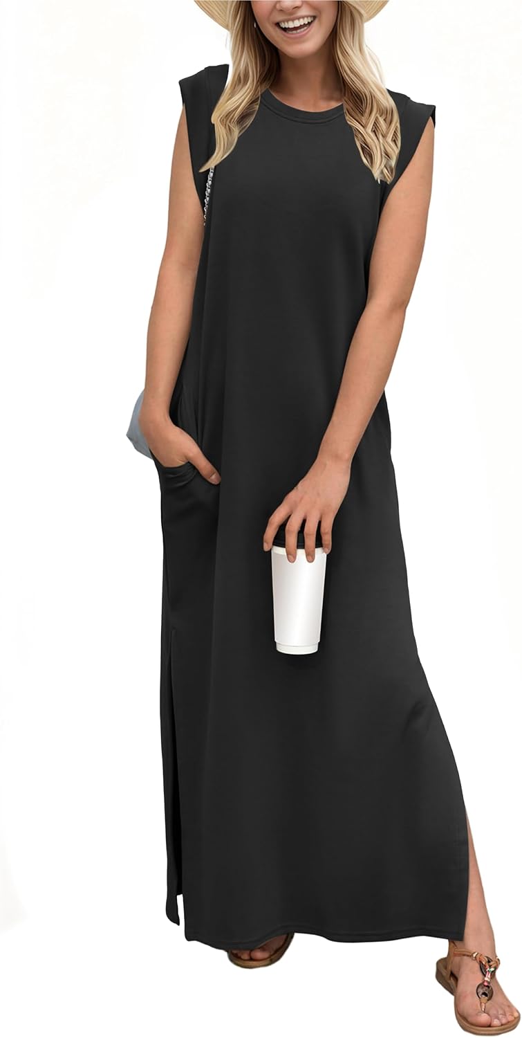 Sofia Sleeveless Maxi Dress – Crew Neck Side Slit Casual Dress with Pockets