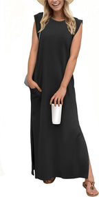 Sofia Sleeveless Maxi Dress – Crew Neck Side Slit Casual Dress with Pockets