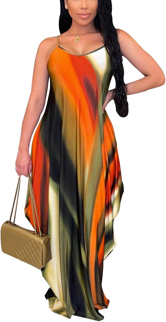 Amaris Women's Sleeveless Floral Maxi Dress with Spaghetti Straps & Side Pockets