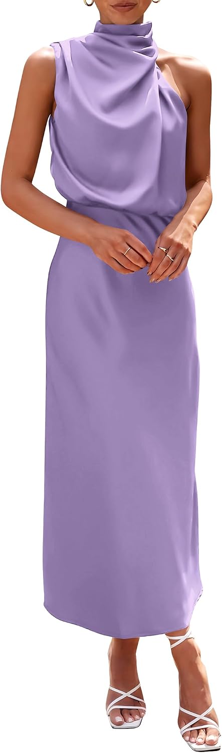Vivienne Women's Satin Mock Neck Maxi Dress with Asymmetrical Shoulder & Flowy Skirt