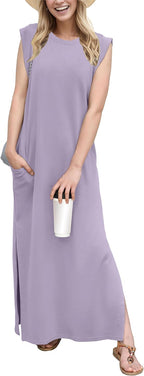 Coralie Women's Sleeveless Maxi Dress with Side Slit, Pockets & Wrinkle-Resistant Fabric