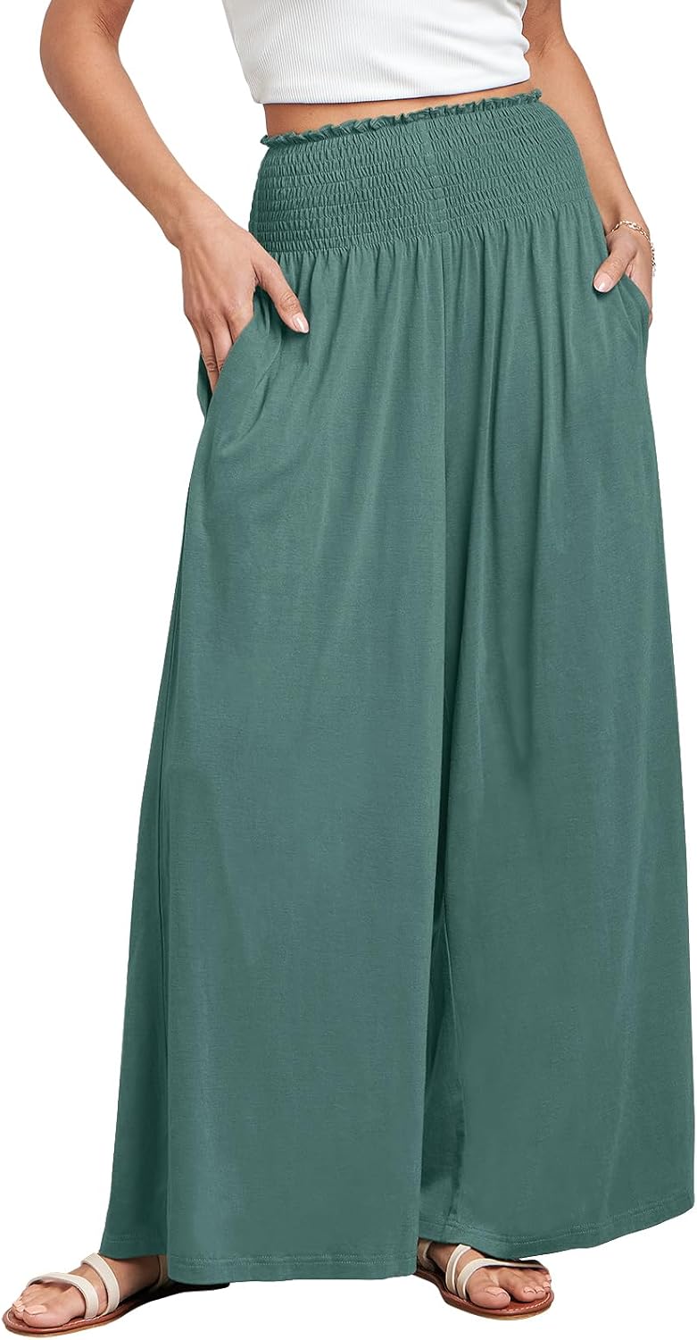 Fatima - Smocked High Waist Wide Leg Palazzo Pants with Pockets and Relaxed Fit