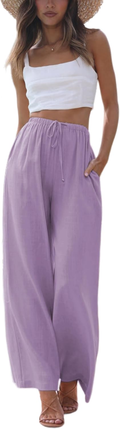 Noelle - Cotton Linen Wide Leg Palazzo Pants with Drawstring Waist and Side Pockets