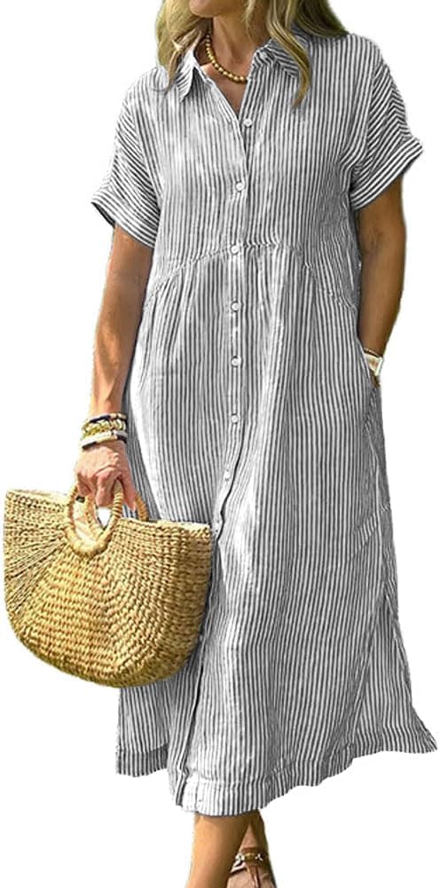 Corinne Women's Striped Button-Down Shirt Midi Dress with Short Sleeves & A-Line Fit