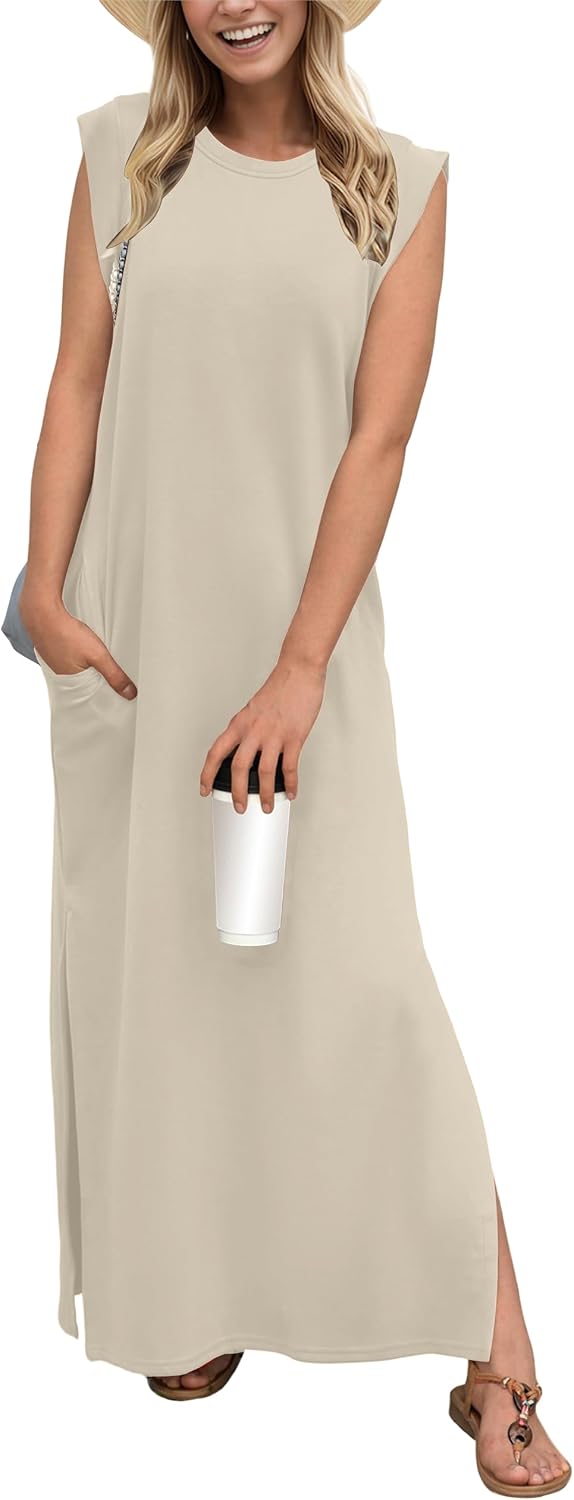Coralie Women's Sleeveless Maxi Dress with Side Slit, Pockets & Wrinkle-Resistant Fabric