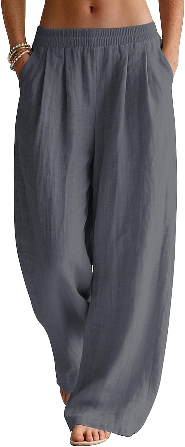 Marites - Linen Blend Wide Leg Palazzo Pants with Elastic Waist and Side Pockets