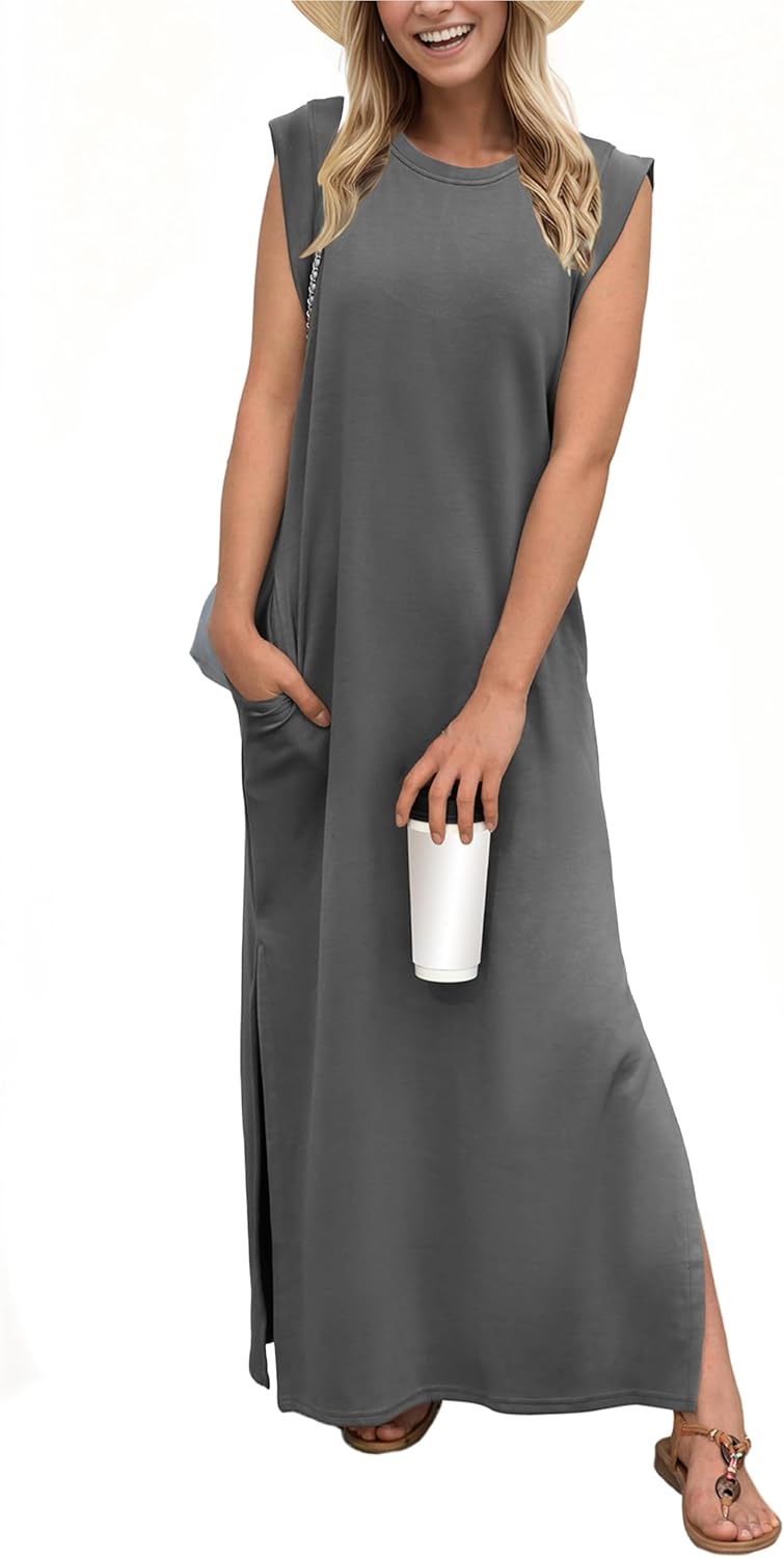 Coralie Women's Sleeveless Maxi Dress with Side Slit, Pockets & Wrinkle-Resistant Fabric