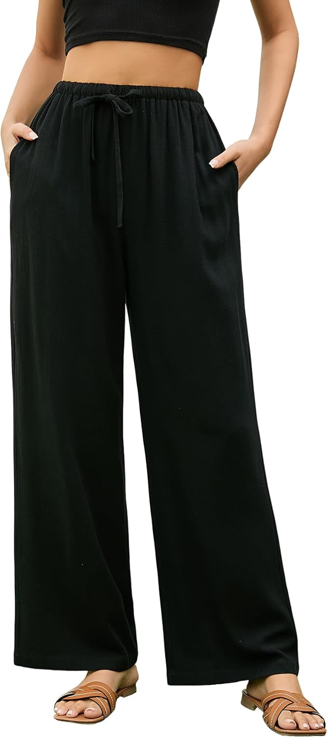 Mireille Linen Blend Wide Leg Summer Trousers with Drawstring Waist and Side Pockets