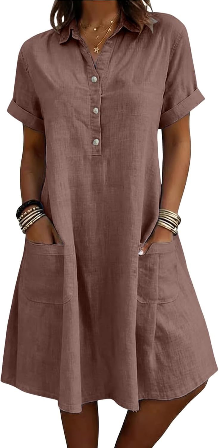 Evelina Linen Blend Shirt Dress – Short Sleeve Midi Dress with Pockets