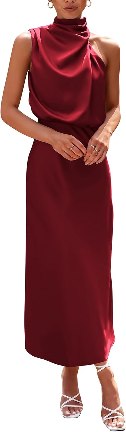 Vivienne Women's Satin Mock Neck Maxi Dress with Asymmetrical Shoulder & Flowy Skirt