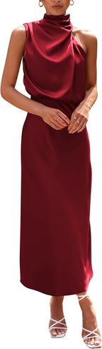 Vivienne Women's Satin Mock Neck Maxi Dress with Asymmetrical Shoulder & Flowy Skirt