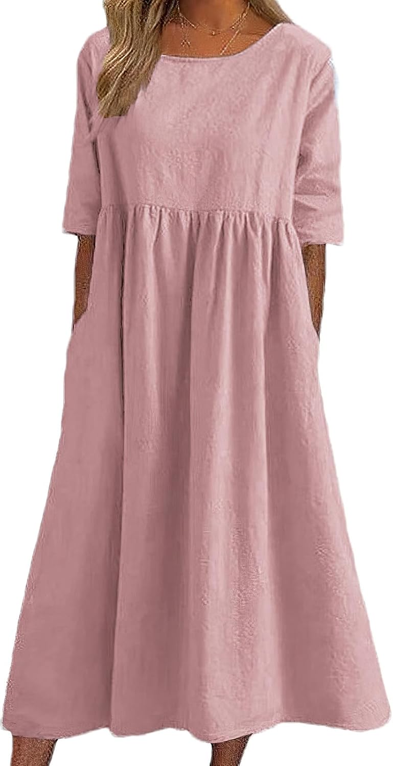 Elowen Cotton Linen Blend Maxi Dress with Round Neck, Short Sleeves and Side Pockets