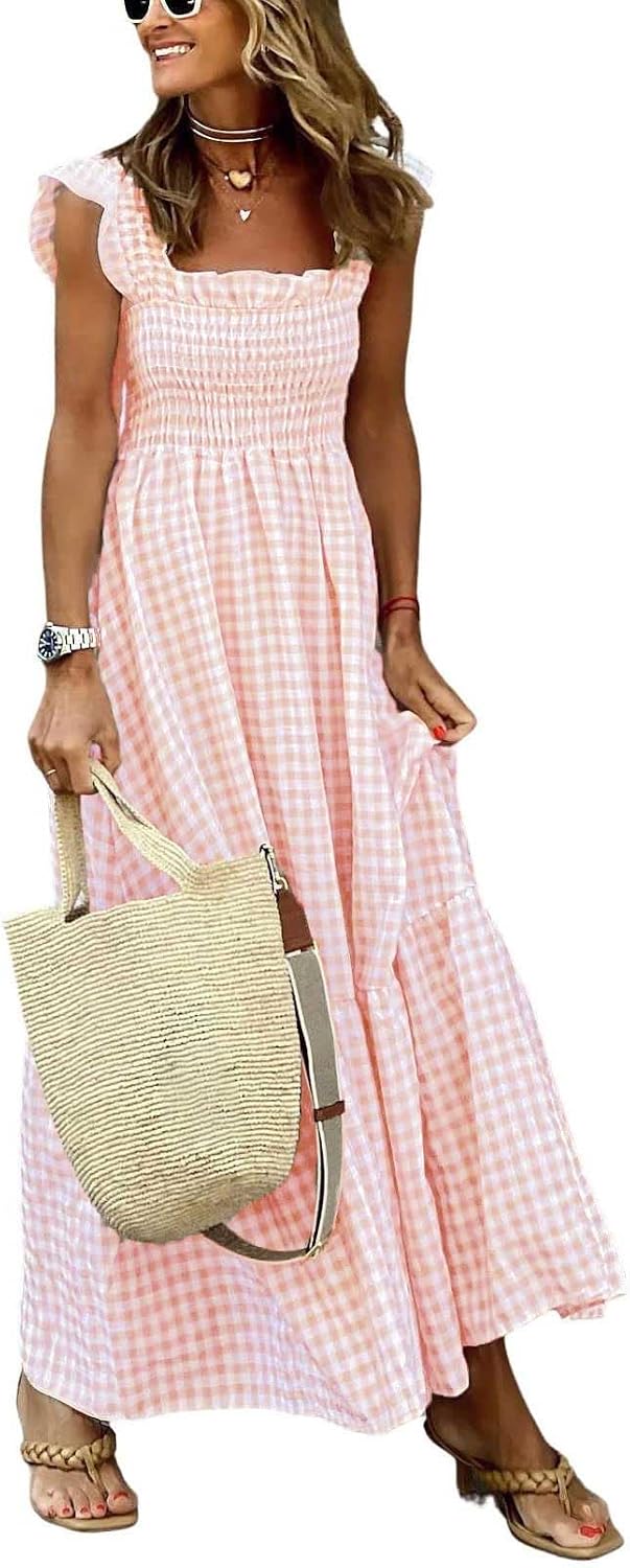 Genevieve Women's Plaid Smocked Midi Dress with Ruffle Straps, Square Neck & Pockets