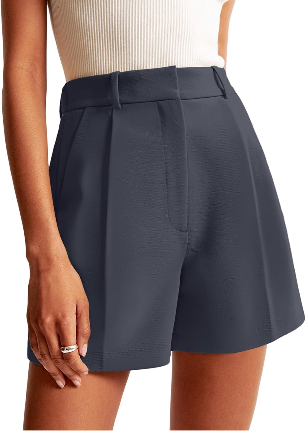 Celine - High Waist Tailored Pleated Shorts with Pockets for Smart Casual Summer Style