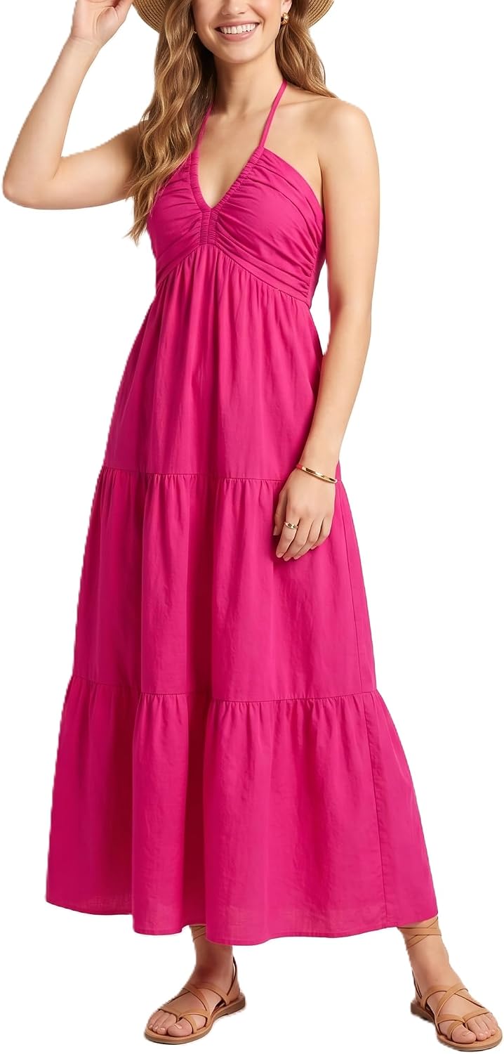 Soleia Women's Twist Halter Maxi Dress with Tiered Skirt, Cut-Out Detail & Pockets