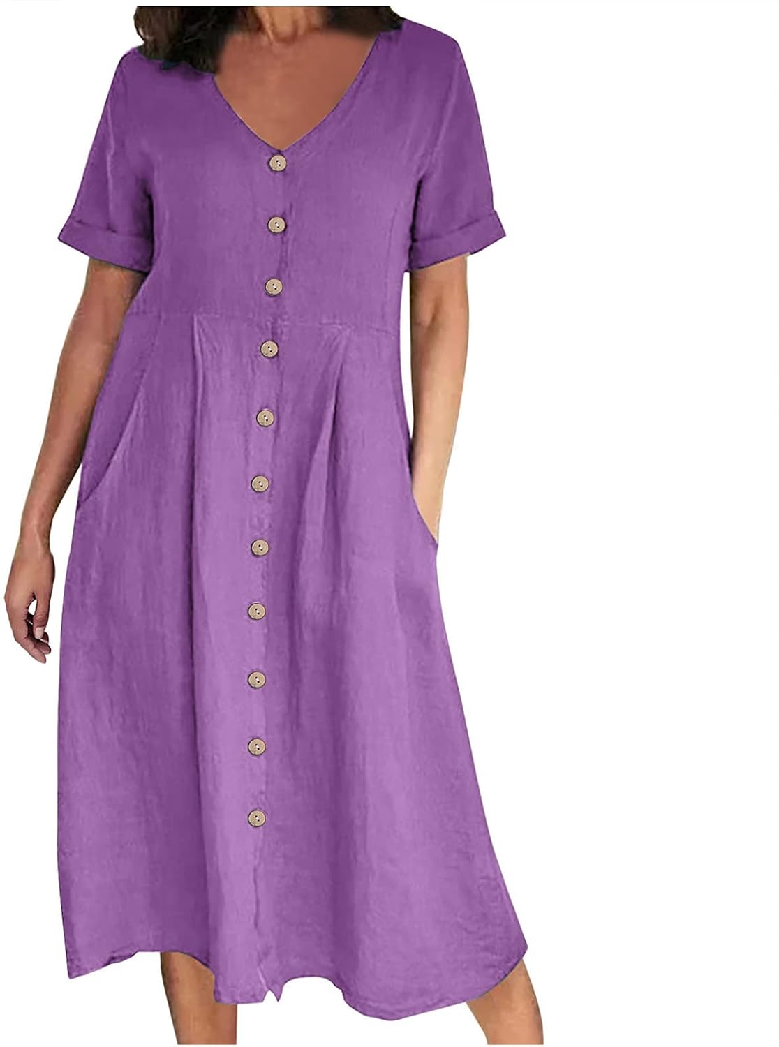 Althea Cotton Linen Blend Button Front Midi Dress with V-Neck and Side Pockets