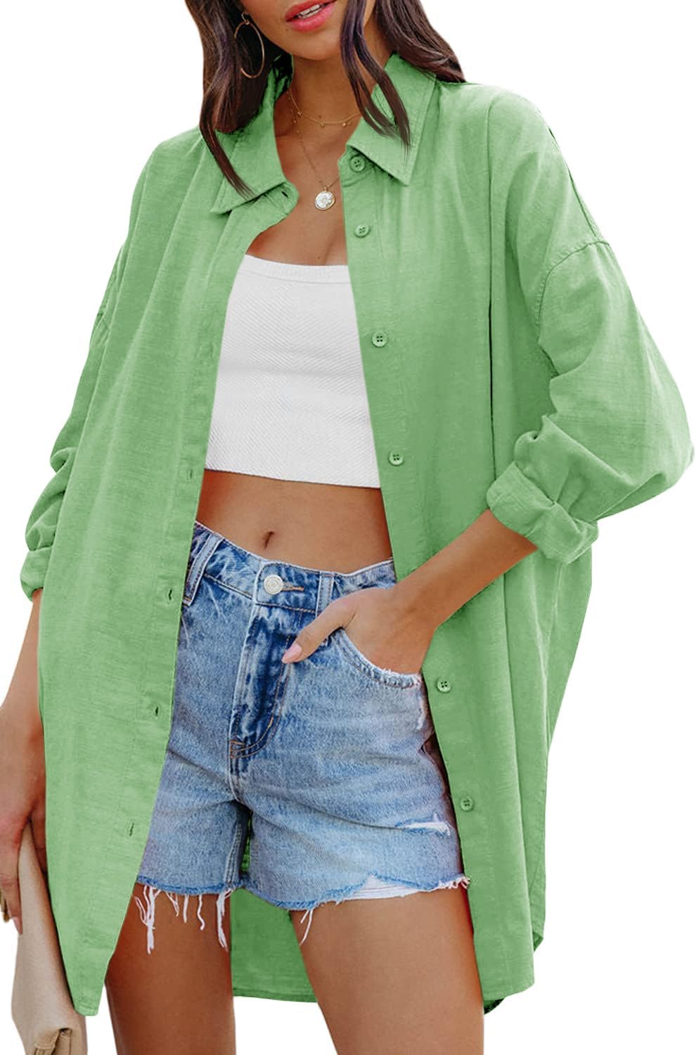 Jelai - Oversized Linen Blend Button-Down Blouse with Long Sleeves and Chest Pocket