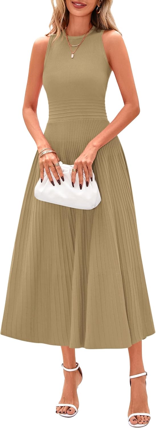 Elise Women's Pleated A-Line Midi Dress with Sleeveless Crew Neck & High Waist