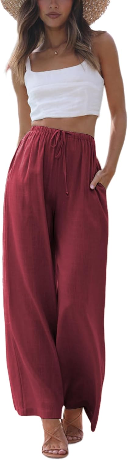 Noelle - Cotton Linen Wide Leg Palazzo Pants with Drawstring Waist and Side Pockets