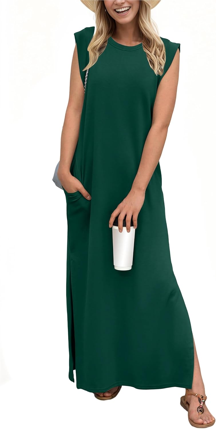 Coralie Women's Sleeveless Maxi Dress with Side Slit, Pockets & Wrinkle-Resistant Fabric