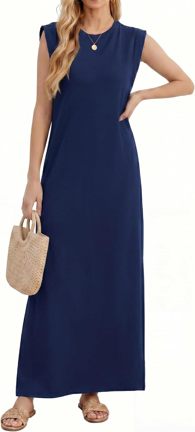 Milena Women's Sleeveless Maxi Tank Dress with Side Slit & Pockets