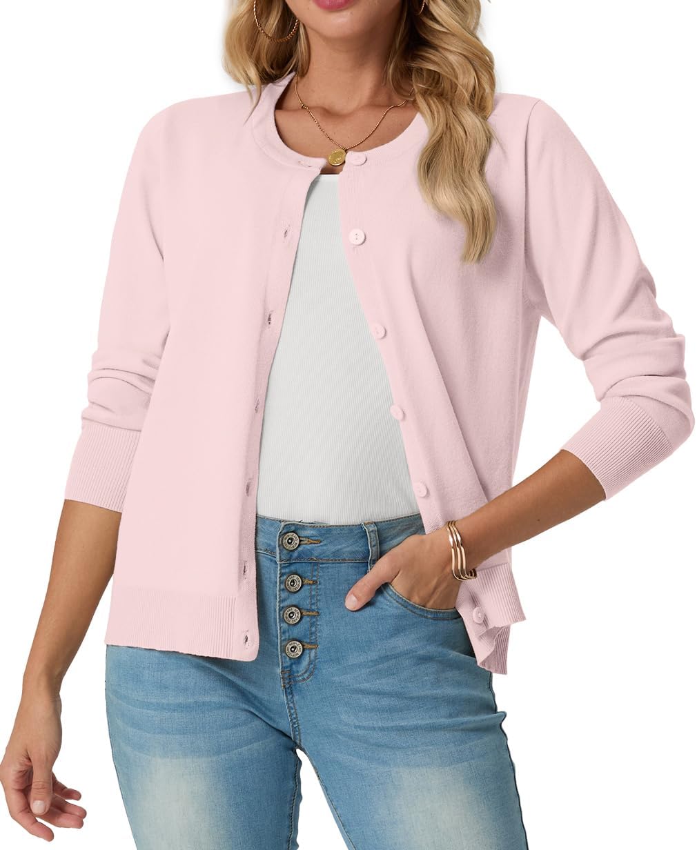 Roxanne - Classic Crew Neck Button Knit Cardigan Sweater for Everyday Layering Women