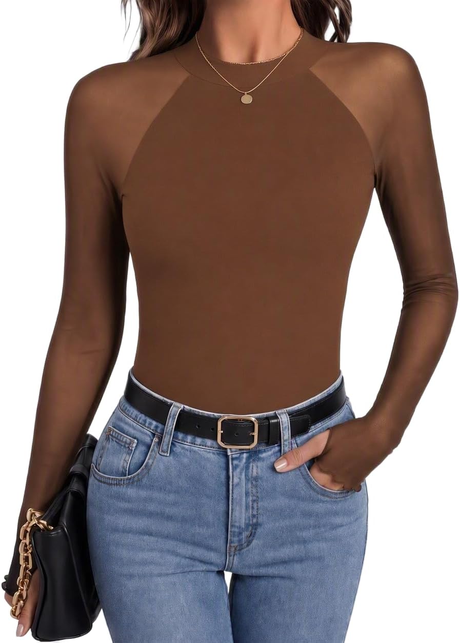 Molly Women's Floral Mesh Top – Mock Neck, Sheer Raglan Sleeves & Double-Lined Body