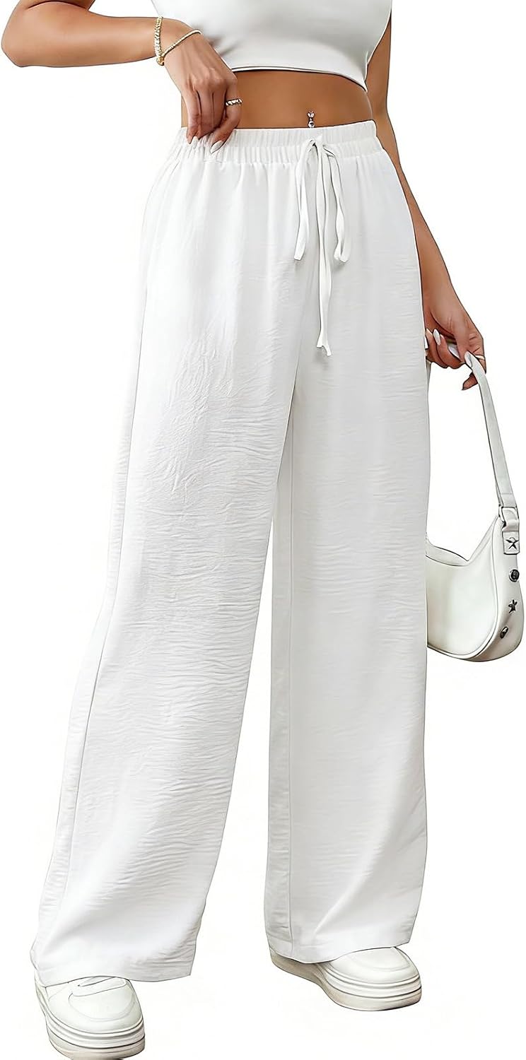 Alessia Linen Blend Wide Leg Summer Trousers with High Waist Drawstring and Side Pockets