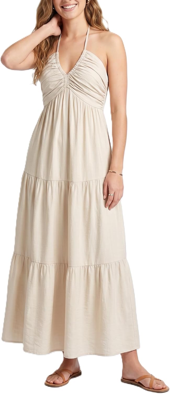 Soleia Women's Twist Halter Maxi Dress with Tiered Skirt, Cut-Out Detail & Pockets