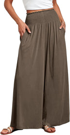 Fatima - Smocked High Waist Wide Leg Palazzo Pants with Pockets and Relaxed Fit