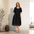 Seraphine Cotton Swing Dress – Short Sleeve Round Neck Midi Dress with Pockets