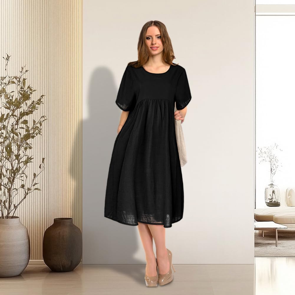 Seraphine Cotton Swing Dress – Short Sleeve Round Neck Midi Dress with Pockets