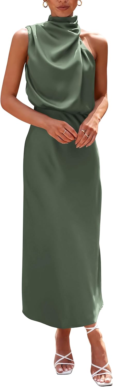 Vivienne Women's Satin Mock Neck Maxi Dress with Asymmetrical Shoulder & Flowy Skirt