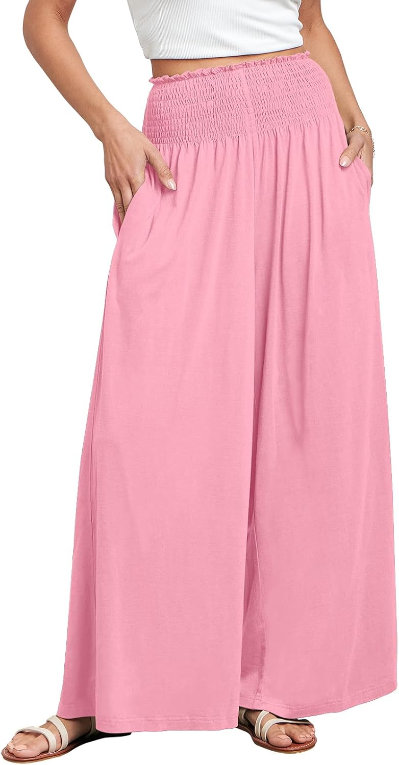 Fatima - Smocked High Waist Wide Leg Palazzo Pants with Pockets and Relaxed Fit