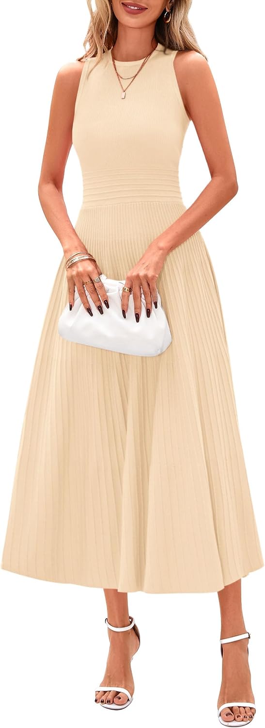 Elise Women's Pleated A-Line Midi Dress with Sleeveless Crew Neck & High Waist