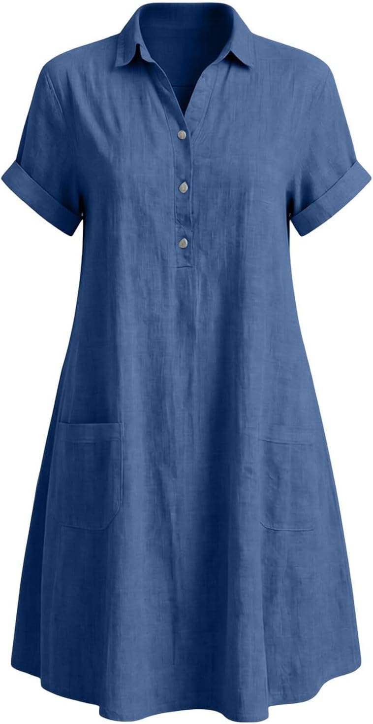 Evelina Linen Blend Shirt Dress – Short Sleeve Midi Dress with Pockets