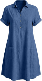 Evelina Linen Blend Shirt Dress – Short Sleeve Midi Dress with Pockets