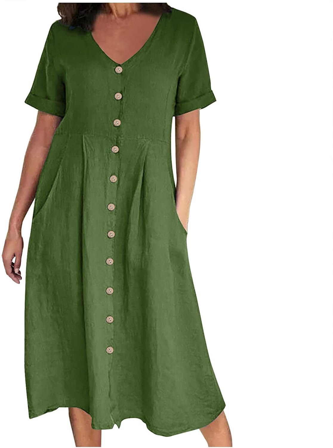 Althea Cotton Linen Blend Button Front Midi Dress with V-Neck and Side Pockets