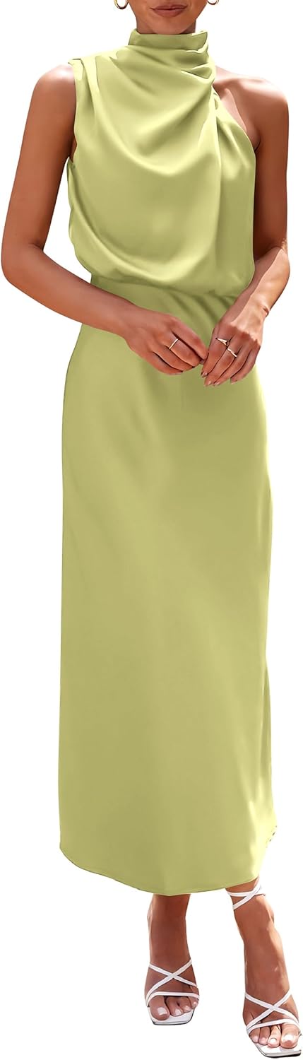 Vivienne Women's Satin Mock Neck Maxi Dress with Asymmetrical Shoulder & Flowy Skirt