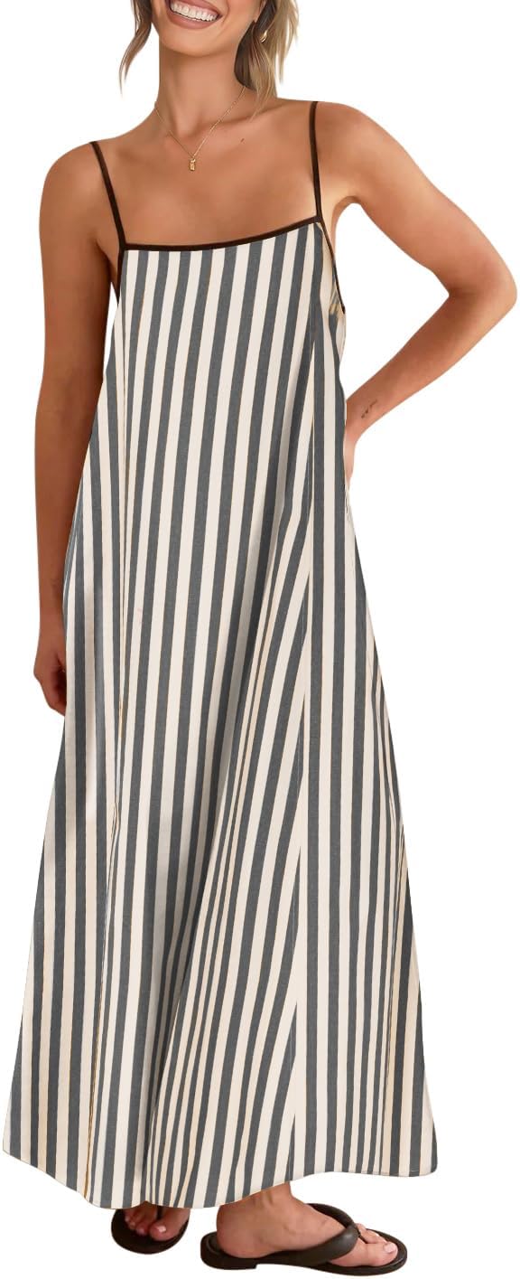 Virelle Women's Linen Maxi Dress with Contrast Trim, Adjustable Straps & Back Tie
