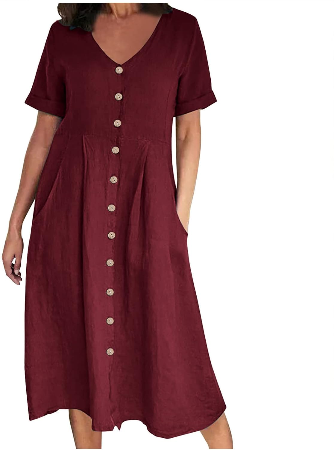 Althea Cotton Linen Blend Button Front Midi Dress with V-Neck and Side Pockets