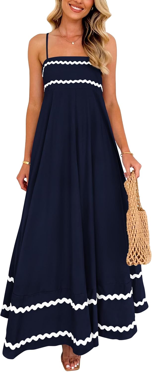 Elowyn Women's Square Neck Maxi Dress with Smocked Back, Ruffle Hem & Pockets
