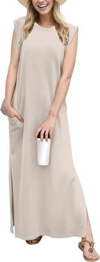 Coralie Women's Sleeveless Maxi Dress with Side Slit, Pockets & Wrinkle-Resistant Fabric