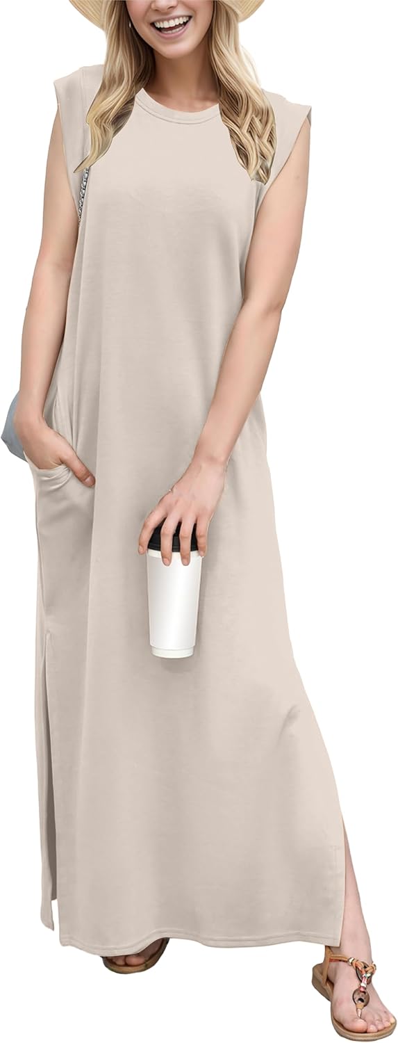 Coralie Women's Sleeveless Maxi Dress with Side Slit, Pockets & Wrinkle-Resistant Fabric