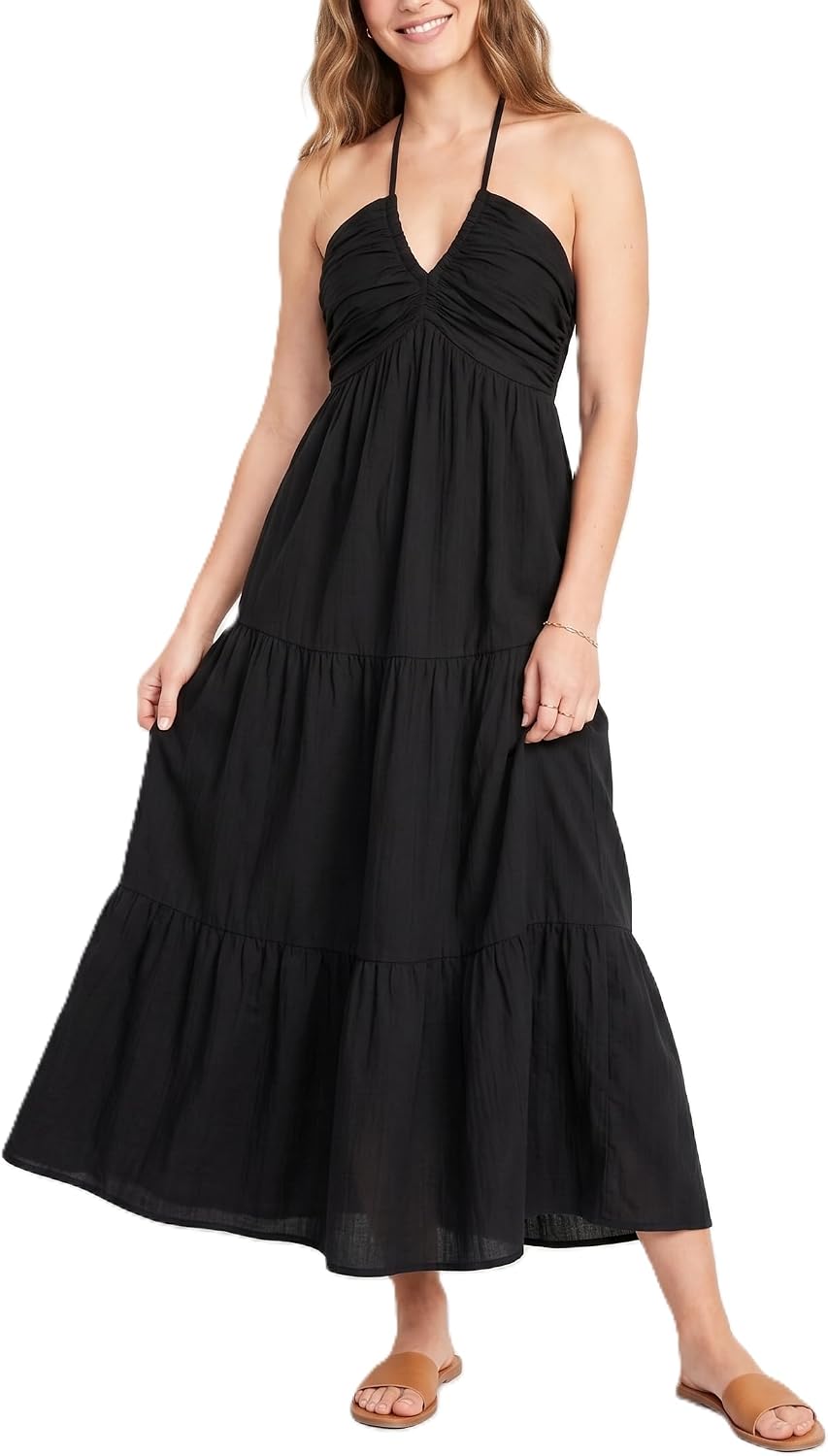 Soleia Women's Twist Halter Maxi Dress with Tiered Skirt, Cut-Out Detail & Pockets