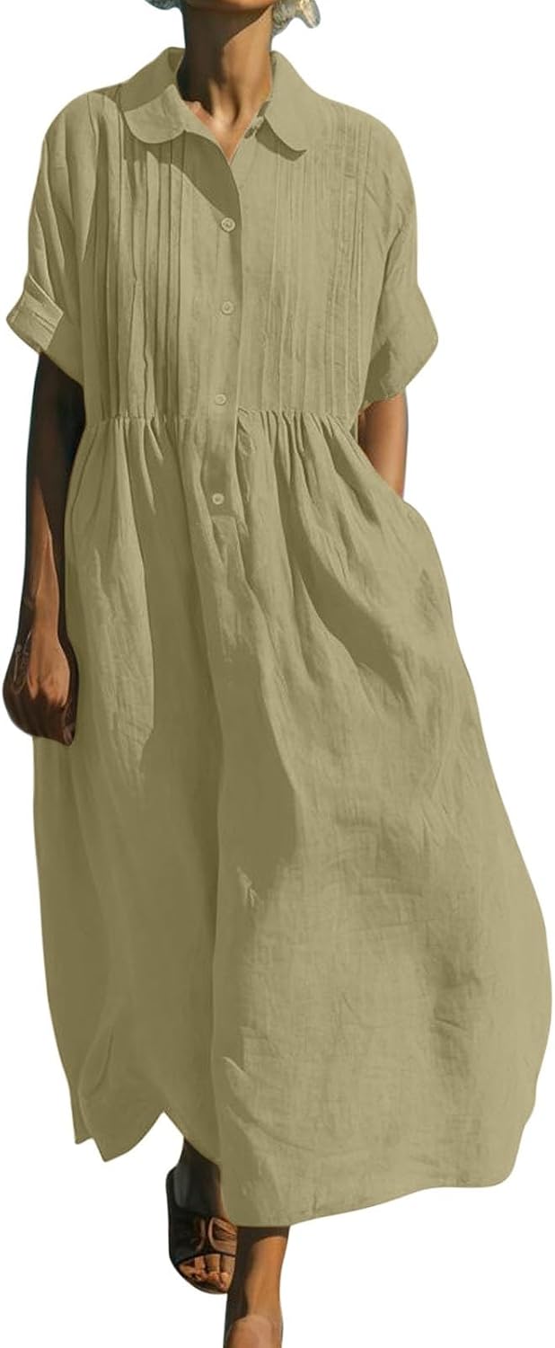 Emelina Cotton Linen Blend Button Front Maxi Dress with Short Sleeves and Pockets