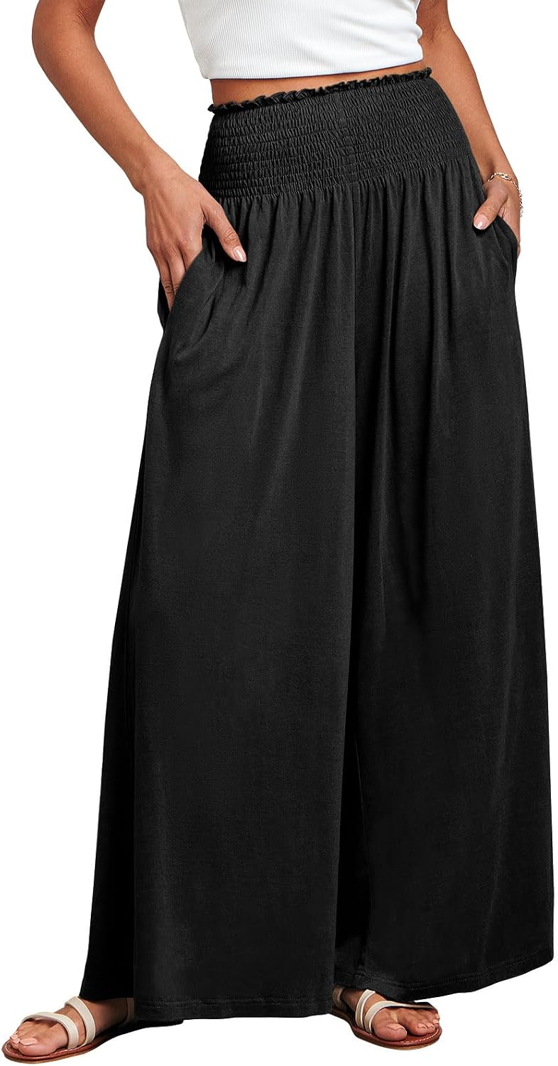 Fatima - Smocked High Waist Wide Leg Palazzo Pants with Pockets and Relaxed Fit