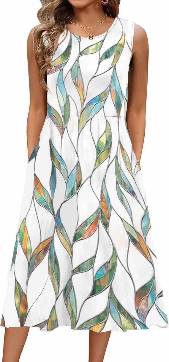 Evangeline Women's Sleeveless Botanical Print A-Line Midi Dress with Pockets