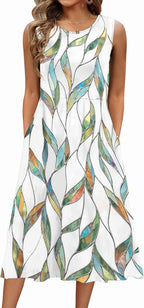 Evangeline Women's Sleeveless Botanical Print A-Line Midi Dress with Pockets
