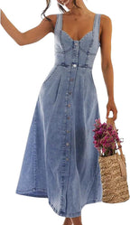 Delphine Women's Sleeveless Button-Front Denim Midi Dress with Smocked Back & A-Line Skirt